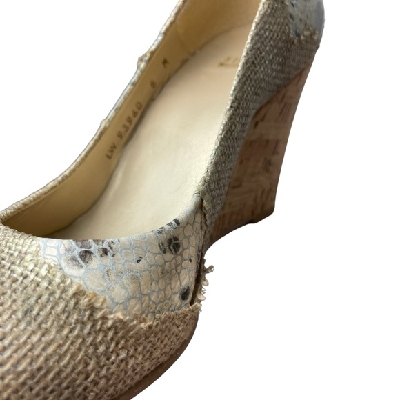 Stuart Weitzman Gold Raffia and Snakeskin Cork Wedges